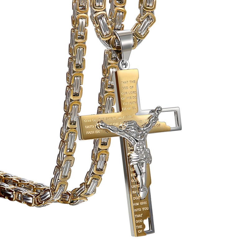 OIDEA Stainless Steel Punk Rock Mens Prayer Jesus Bible Lords Cross Crucifix Necklace,Gold Silver-Two Tone for Birthday Gifts - Image 1